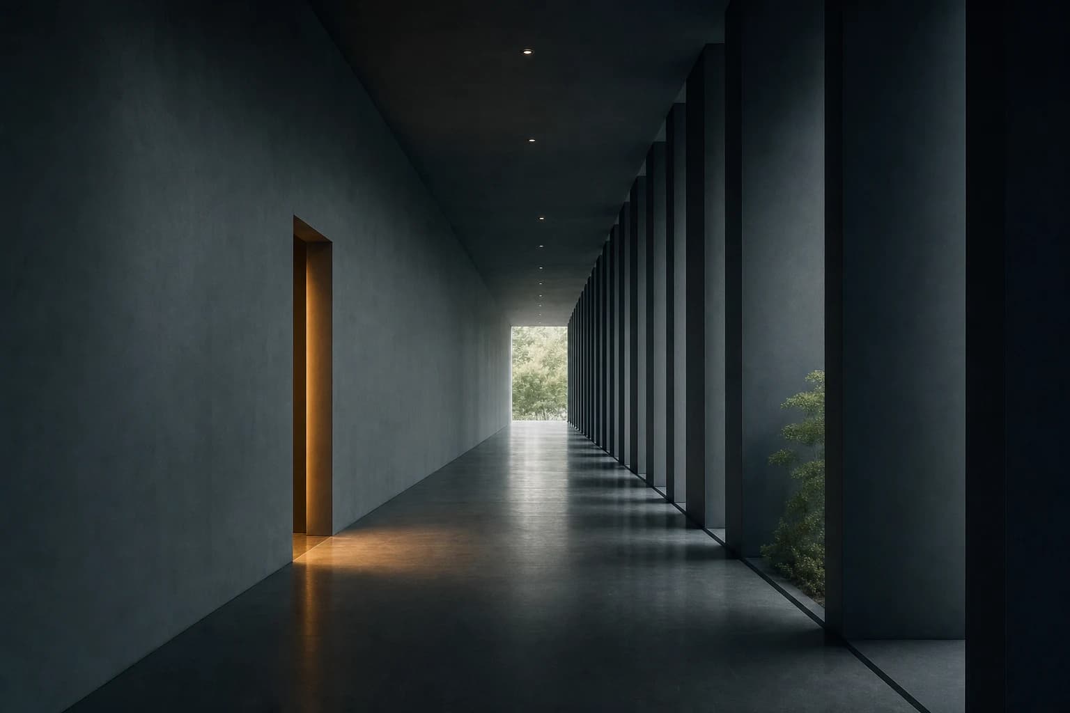 A dark, directional corridor opening to daylight